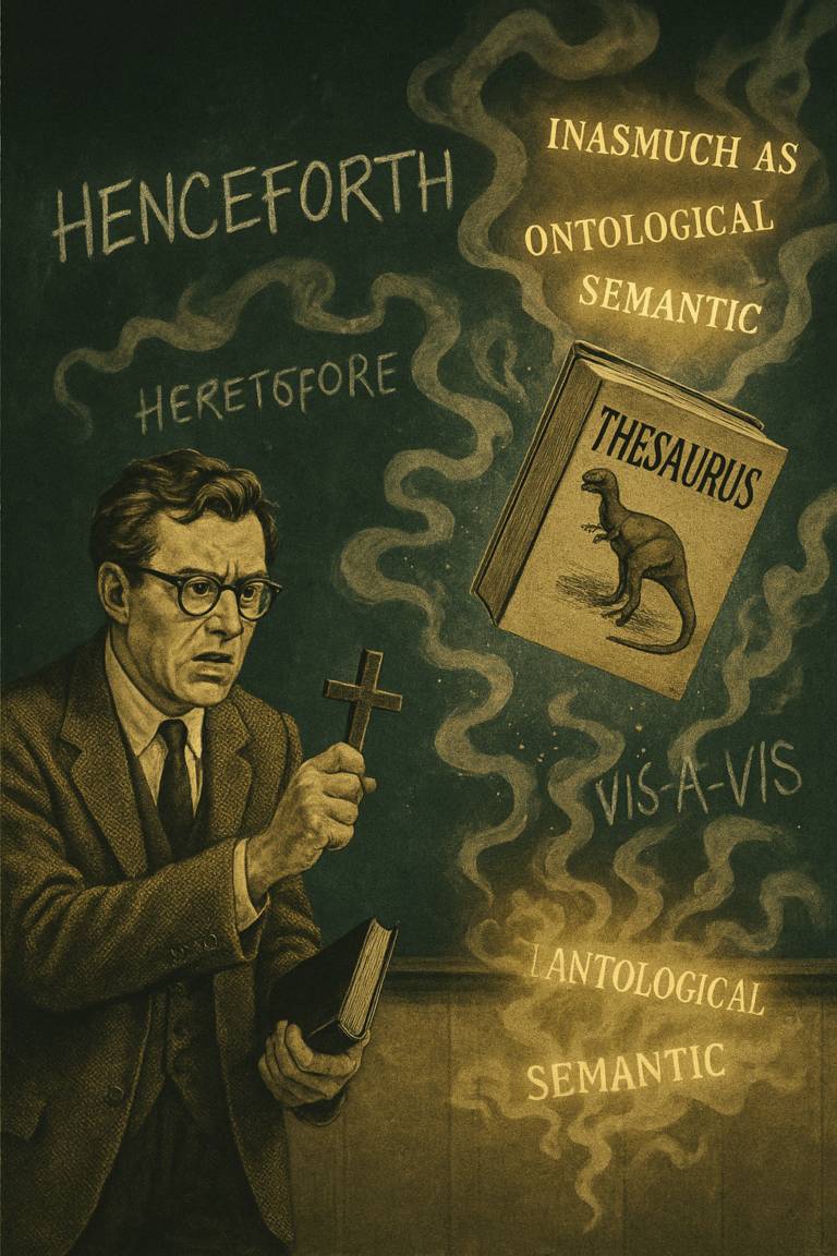 Surreal collage of a scholar performing an exorcism on a glowing levitating thesaurus with a dinosaur on the cover as words like ‘Henceforth,’ ‘Vis-à-Vis,’ and ‘Ontological’ swirl around him.