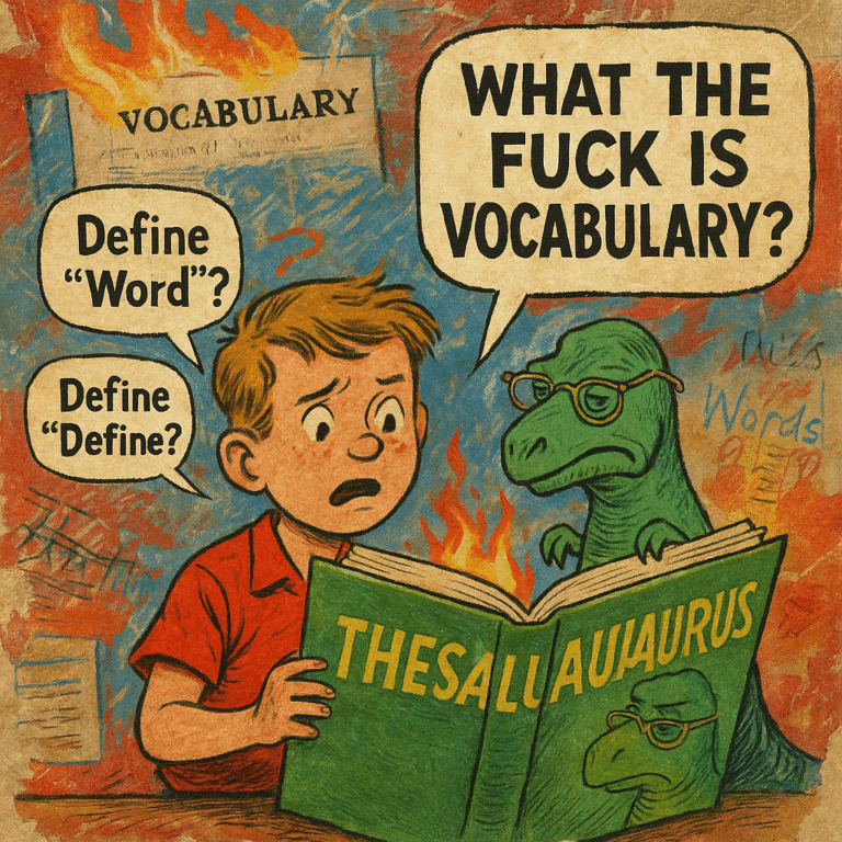Surreal collage of a cartoon boy holding a giant green thesaurus with a dinosaur labeled ‘Thesaluaurus,’ surrounded by floating speech bubbles asking ‘What the fuck is vocabulary?