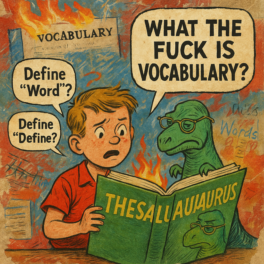 Surreal collage of a philosopher staring at floating dictionary pages shaped like a T-rex labeled 'Thesaluaurus' — commentary on vocabulary and ego.