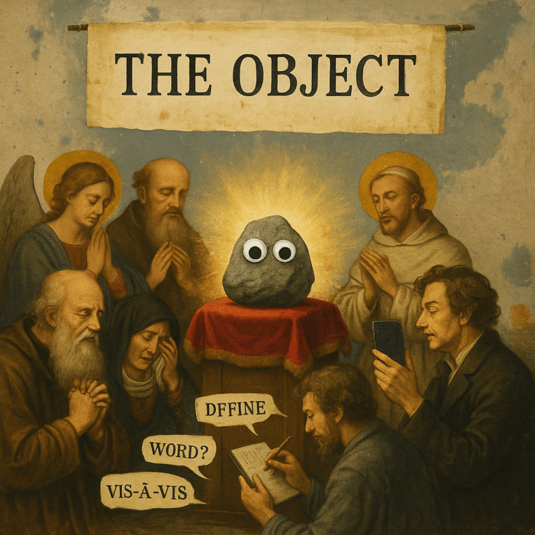 Surreal collage of philosophers and saints worshipping a glowing rock with googly eyes on a velvet pedestal under a banner reading ‘The Object.’