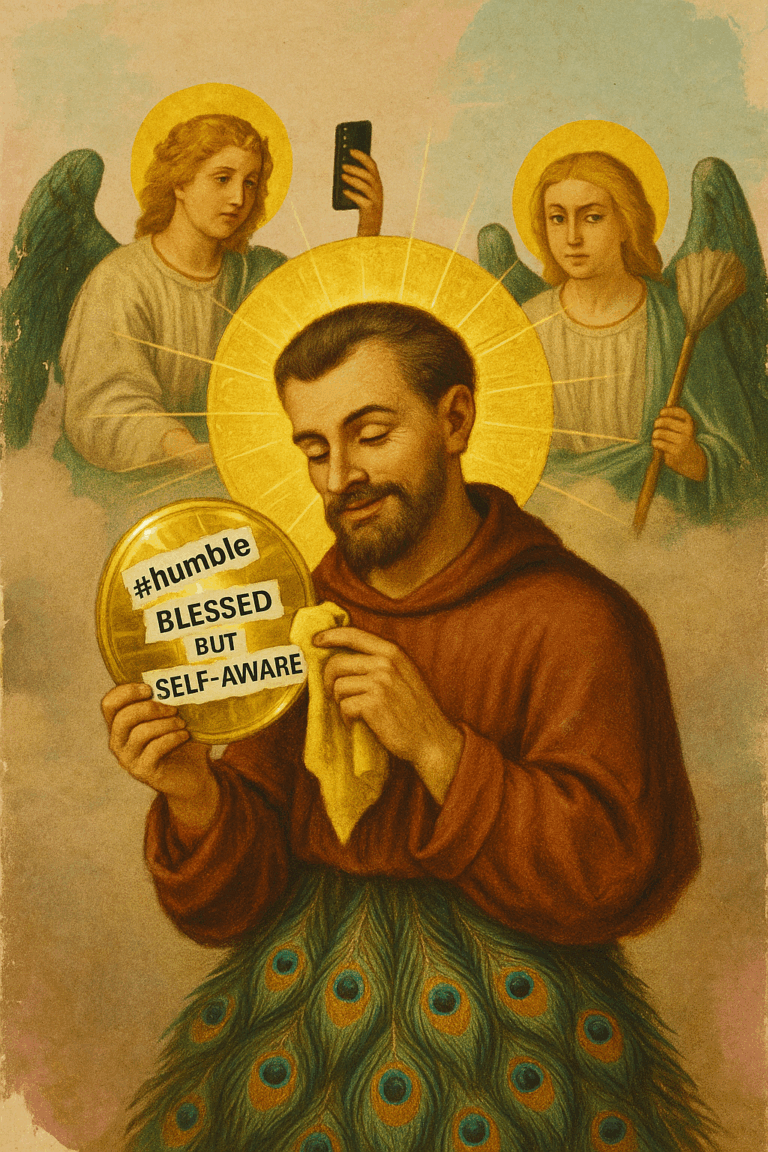 Surreal collage of a saint polishing his glowing halo while angels take selfies behind him, with peacock feathers forming his robe.