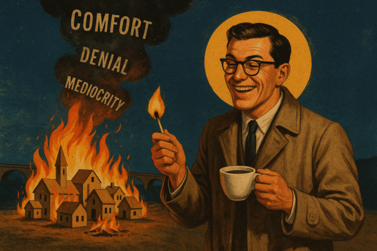 Surreal collage of a smiling man with a halo lighting a match in front of a burning cardboard village, as smoke spelling ‘Comfort,’ ‘Denial,’ and ‘Mediocrity’ rises into the night sky.
