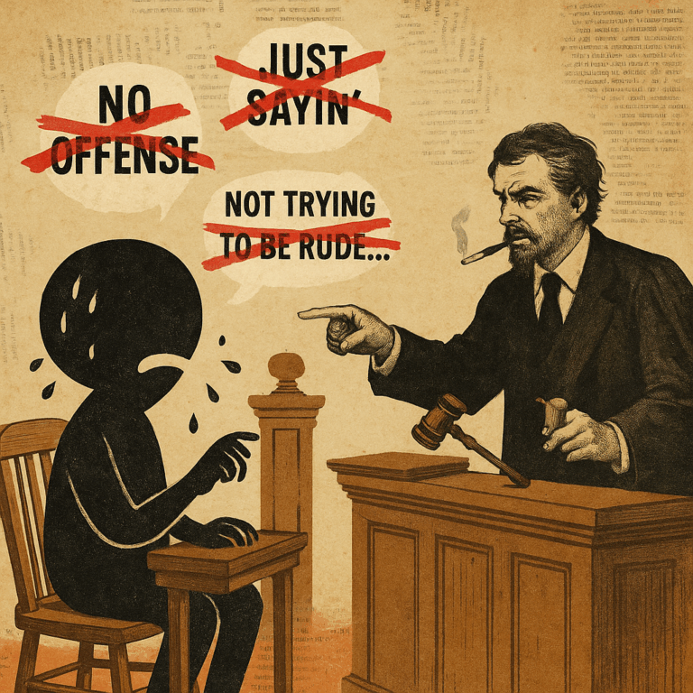 Surreal collage of a sweating black comma on the witness stand as a judge points and speech bubbles saying ‘No Offense,’ ‘Just Sayin’,’ and ‘Not Trying to Be Rude…’ are crossed out above them.