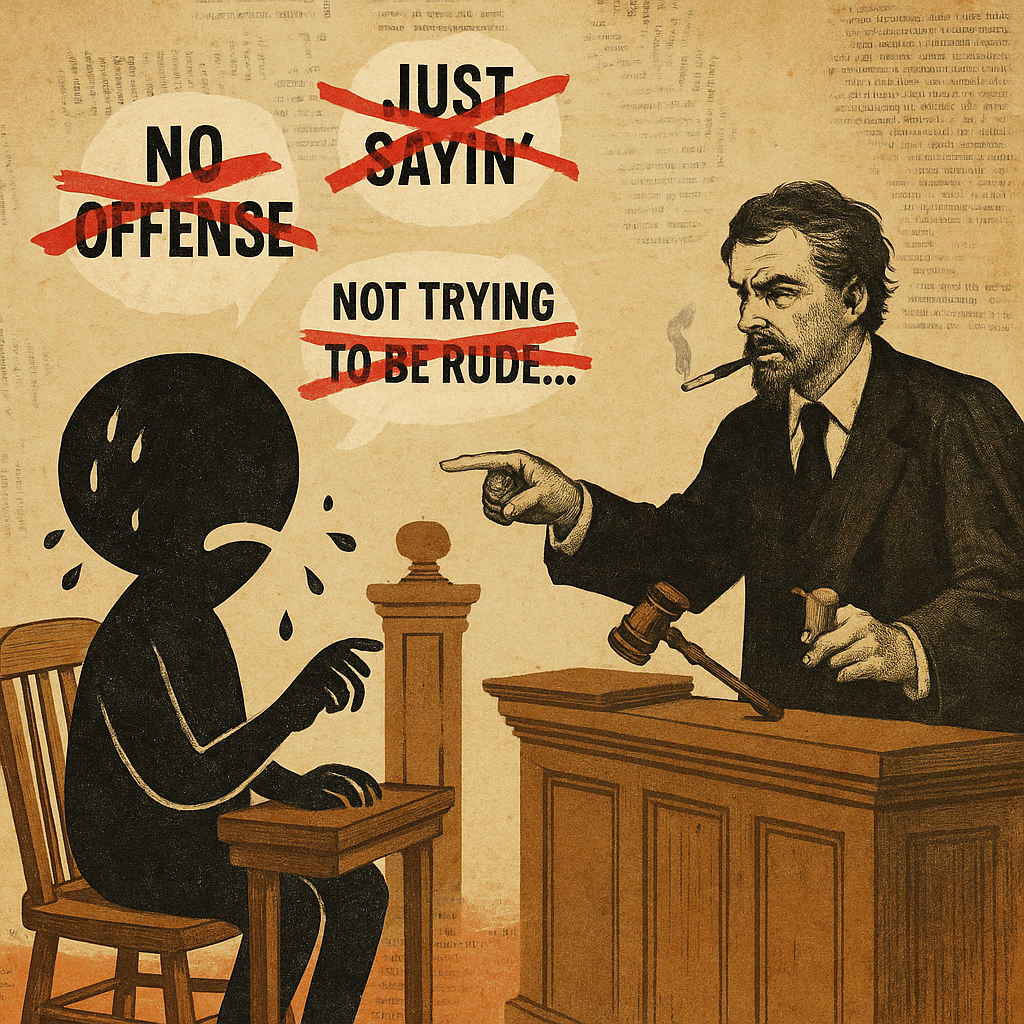 Surreal collage: a sweating black comma on the witness stand, a judge points accusingly while speech bubbles reading ‘No Offense,’ ‘Just Sayin’,’ and ‘Not Trying to Be Rude…’ are crossed out above them — visual metaphor for linguistic cowardice.