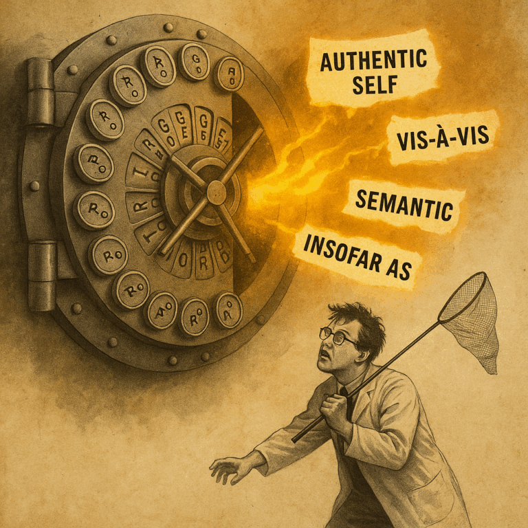 Surreal collage of a man with a butterfly net trying to catch glowing words escaping from a massive steel vault made of typewriter keys labeled ‘Trigger Word.’