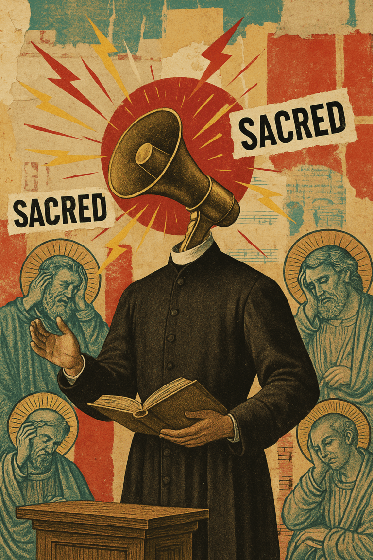 Surreal collage of a preacher with a golden megaphone for a head shouting beams of light while saints cover their ears under the words ‘Sacred’ and ‘Louder.’