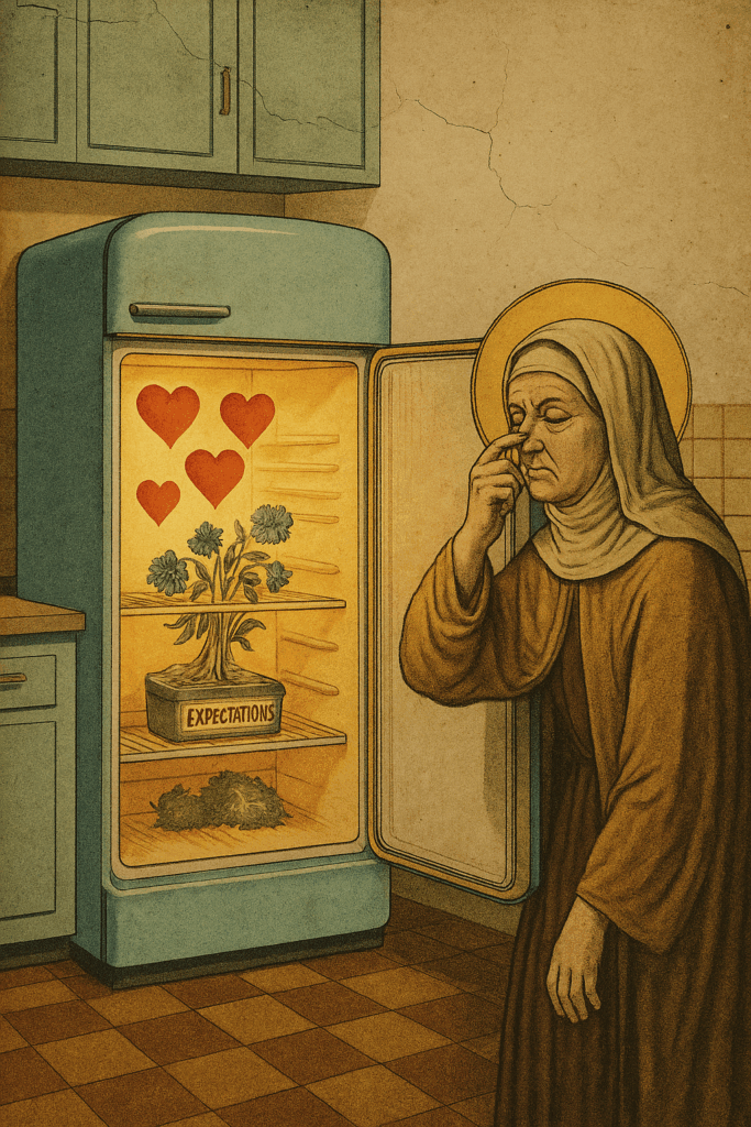 Surreal collage of an old glowing refrigerator filled with wilted flowers, hearts, and a leftover labeled ‘EXPECTATIONS,’ while a woman holds her nose.