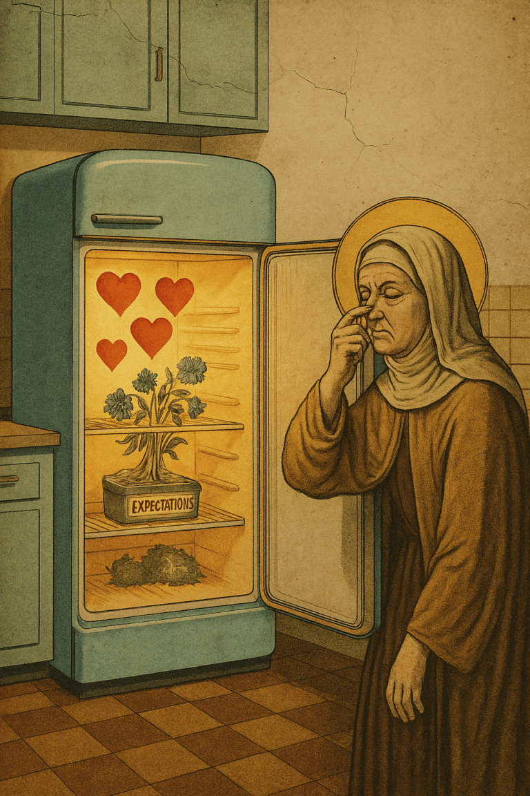 Surreal collage of an old glowing refrigerator filled with wilted flowers, hearts, and a leftover labeled ‘EXPECTATIONS,’ while a woman holds her nose.