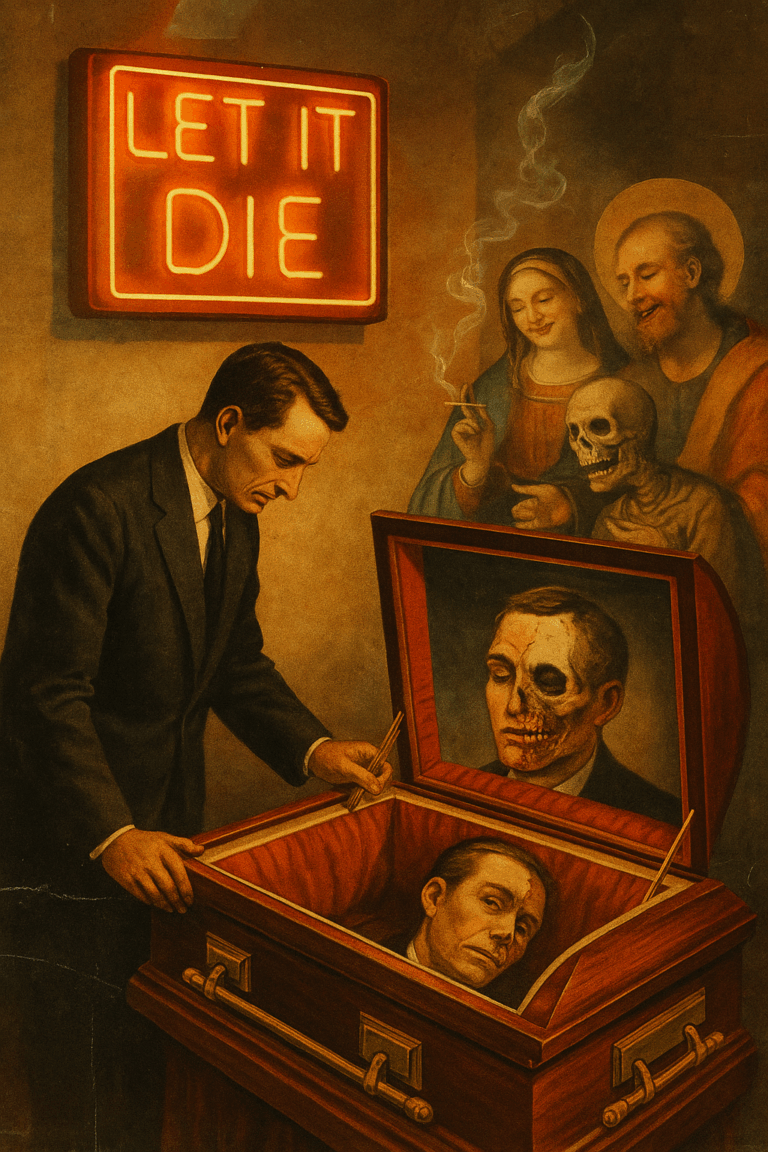 Surreal collage of a man staring into a casket where his reflection shows a decaying skull, as saints and a skeleton smoke beside a glowing red neon sign reading ‘LET IT DIE.’
