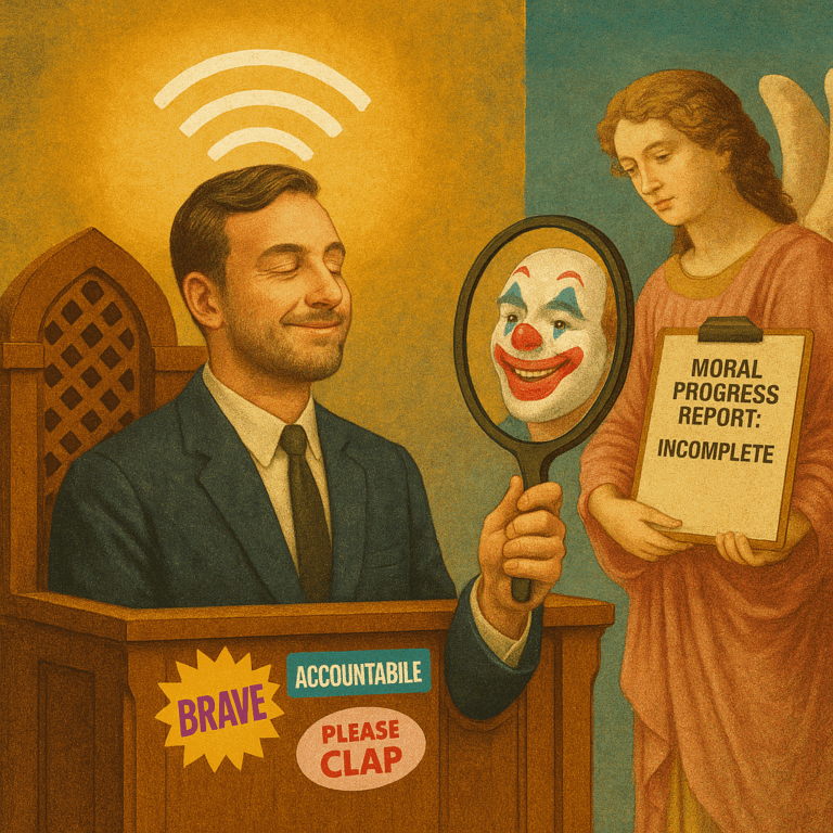 Surreal collage of a man with a glowing Wi-Fi halo holding a mirror showing a clown reflection, as an angel beside him holds a clipboard reading ‘Moral Progress Report: Incomplete.’