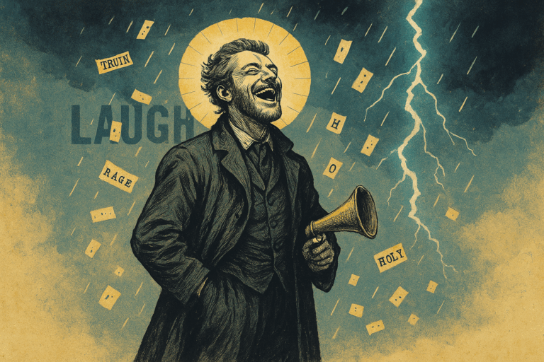 Surreal collage of a philosopher laughing in a thunderstorm with words like ‘truth’ and ‘holy’ falling like rain and a glowing halo made of notebook pages.