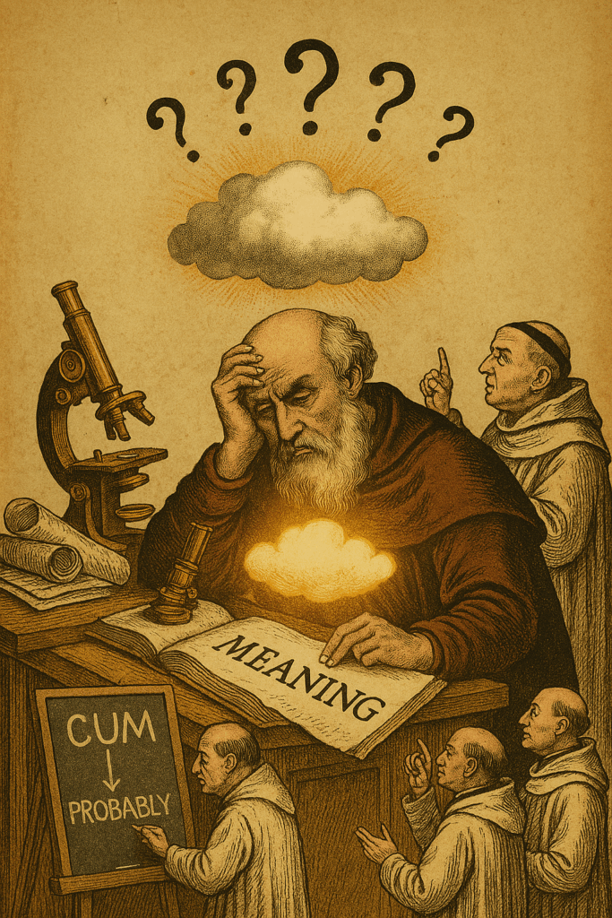 Surreal vintage collage of an old philosopher studying a glowing cloud labeled ‘Meaning,’ surrounded by monks debating under question marks.