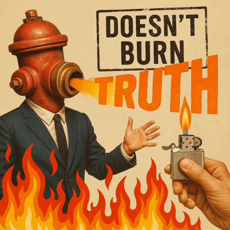 Surreal collage of a man with a fire hydrant for a head shouting the word ‘TRUTH’ in flames while a lighter is held toward him, surrounded by fire.