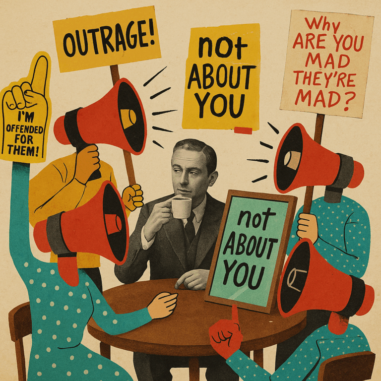 Absurd collage of people with megaphone heads yelling at mirrors labeled ‘Not About You,’ while a calm philosopher sips coffee in the center.