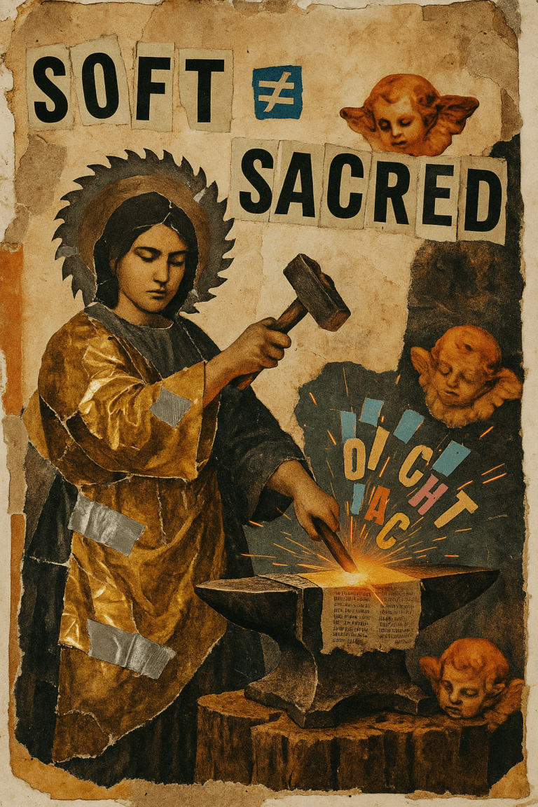 “Mixed-media collage of a monk forging a glowing sword on an altar-anvil beneath a torn red banner reading ‘Soft ≠ Sacred,’ with small melting cherubs beside him.”